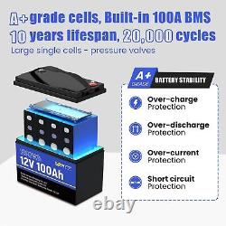 12V 24V 36V 48V 100Ah LiFePO4 Lithium Battery BMS 20000+ Cycles RV Solar Panel