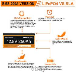 12V 250AH LiFePO4 Deep Cycle Lithium Bluetooth Battery for RV Home Boat IP65