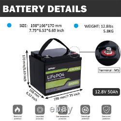 12V 50Ah LiFePO4 Lithium Battery 5000+ Deep Cycle for Solar RV Off-grid System