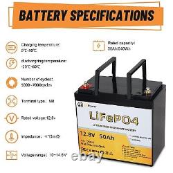12V 50Ah LiFePO4 Lithium Battery Pack for Deep Cycle RV Marine Solar System 100A