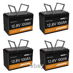 4PCS 12V 100Ah LiFePO4 Lithium Iron Phosphate Battery, BMS for RV, Boat, Home