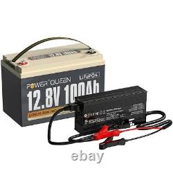 Power Queen 12V 100Ah LiFePO4 Lithium Iron Battery with 14.6V 20A Charger For RV