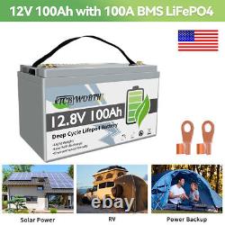 TCBWORTH 12V 100AH LiFePO4 BMS 4000+ Deep Cycles Solar RV Boat 10-Year Lifetime