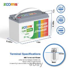 Zooms 12V 100Ah LiFePO4 Deep Cycle Lithium Battery for RV Solar Marine Camper